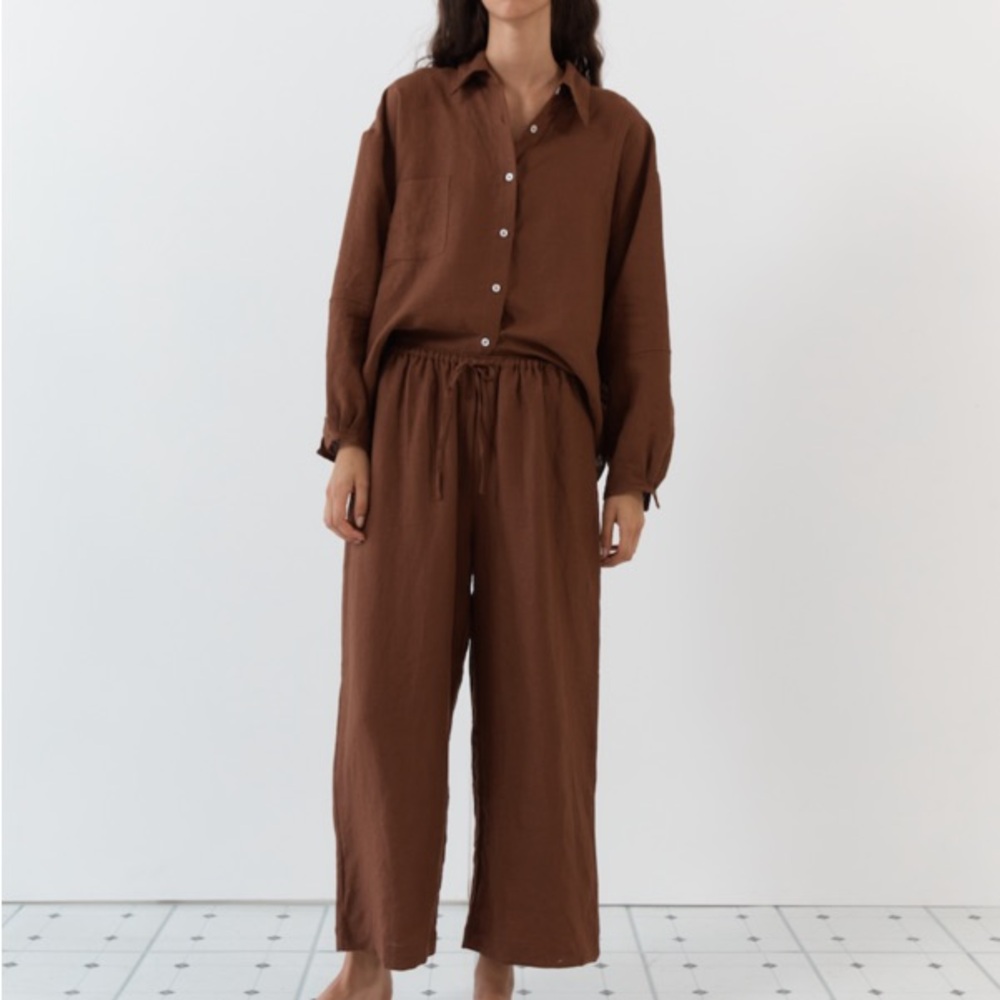 Deiji Studios The Seam Set Brick Linen, Chocolate Brown Button Up Wide Leg Pants